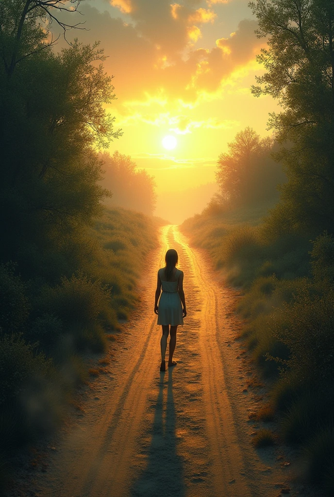 A person standing at a crossroads, looking toward a path marked "Ambitions" with a bright, sunlit sky, while the other path, marked "Love," is shadowed and overgrown, suggesting a challenging diversion.