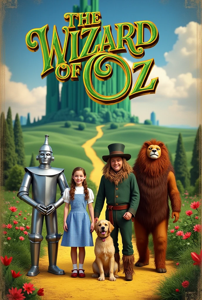 A cover just like the one in the movie "the wizard of oz" from 1939, put in the photo, a tin man, a scarecrow, a dorothy, a man with a lion's face and a dog, just like in the movie. Above the image, place the title in the same font as the original cover. " The controllers", the image needs to be as realistic as possible but with old characteristics, as if it were taken in 1939 but in color