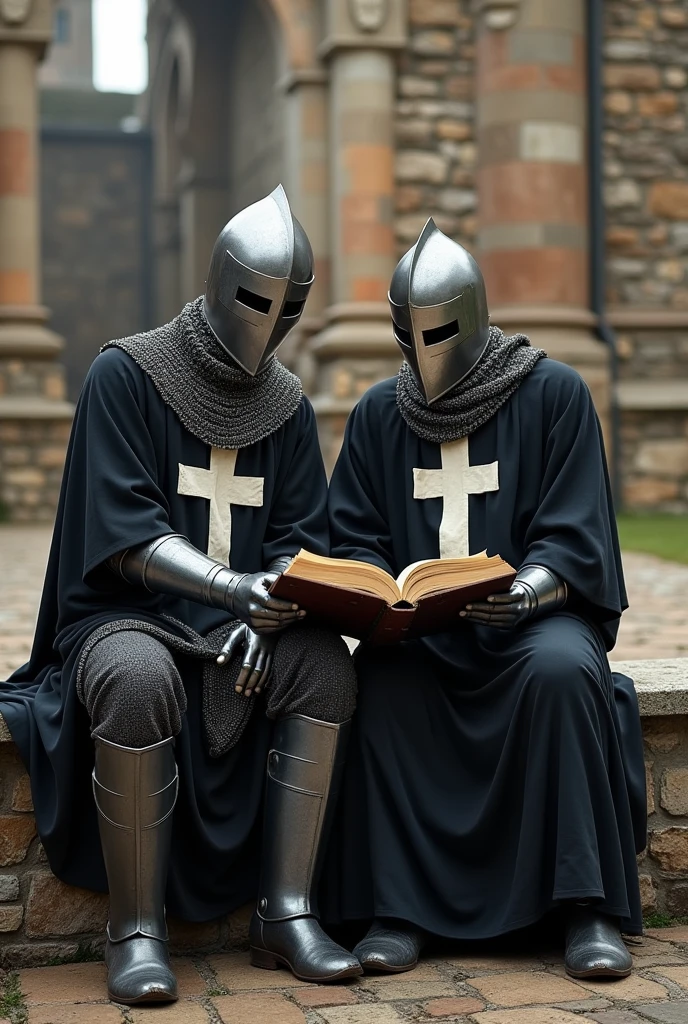 two crusader knights in full armor, black robes with white cross, closed templar helmets, reading a holy script while sitting on a stone bench, monastery in the background