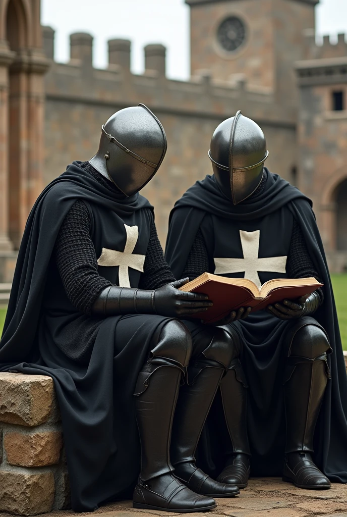 two crusader knights in full armor, black robes with white cross, closed templar helmets, reading a holy script while sitting on a stone bench, monastery in the background
