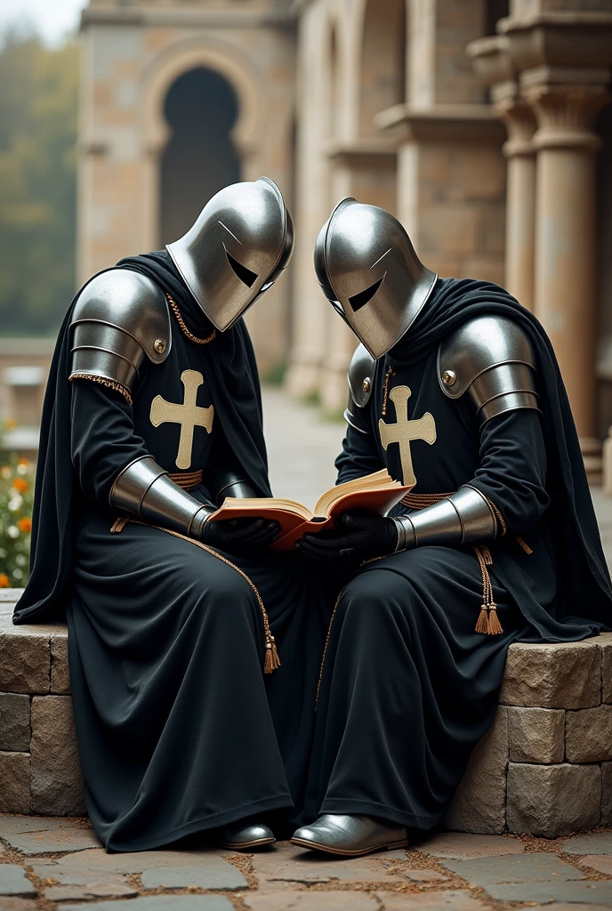 two crusader knights in full armor, black robes with white cross, closed templar helmets, reading a holy script while sitting on a stone bench, monastery in the background