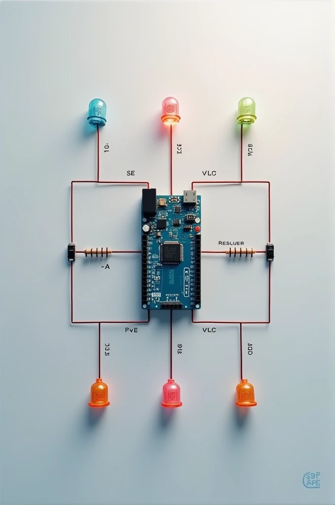Make an easy drawing of a circuit with 5 LEDs and 5 resistors with the Arduino