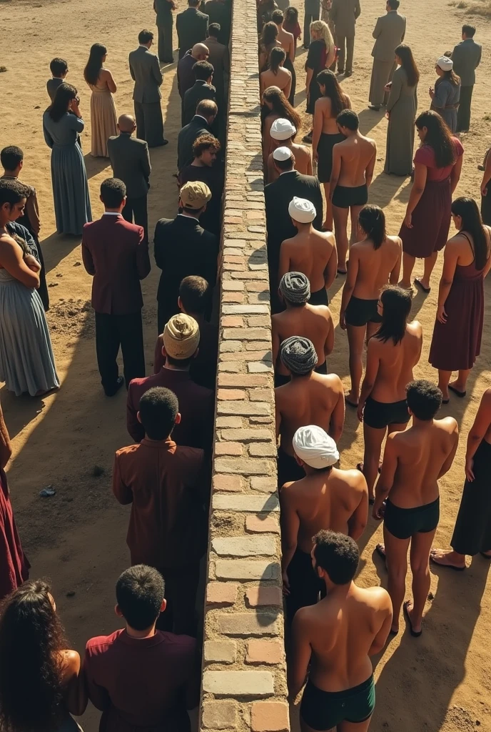 Aerial view of a brick wall dividing two groups of people praying. On the left side, evangelical women wearing long dresses standing, facing the wall. on the right side, strong, bearded Iranian men in just their underwear and an Islamic headdress on their heads kneeling, also facing the wall. The scene is solemn, with nearby groups, showing unity in their respective spaces. The surrounding area is desolate, highlighting the importance of prayer and separation by the wall.