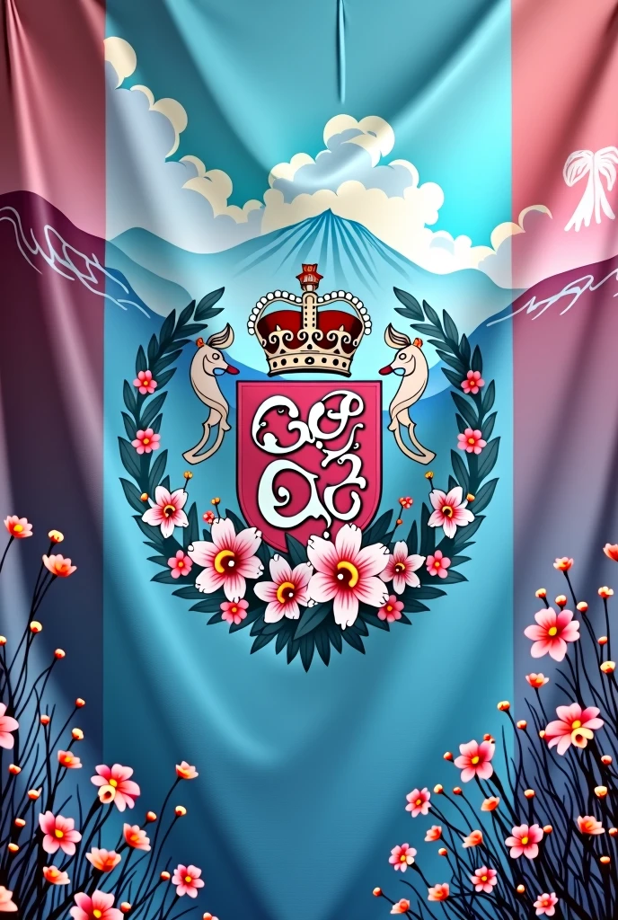 A flag of a country, smooth and without wrinkles, blue and red, with a Coat of Arms with light pink flowers, mar, mountains in the background, and seaweed