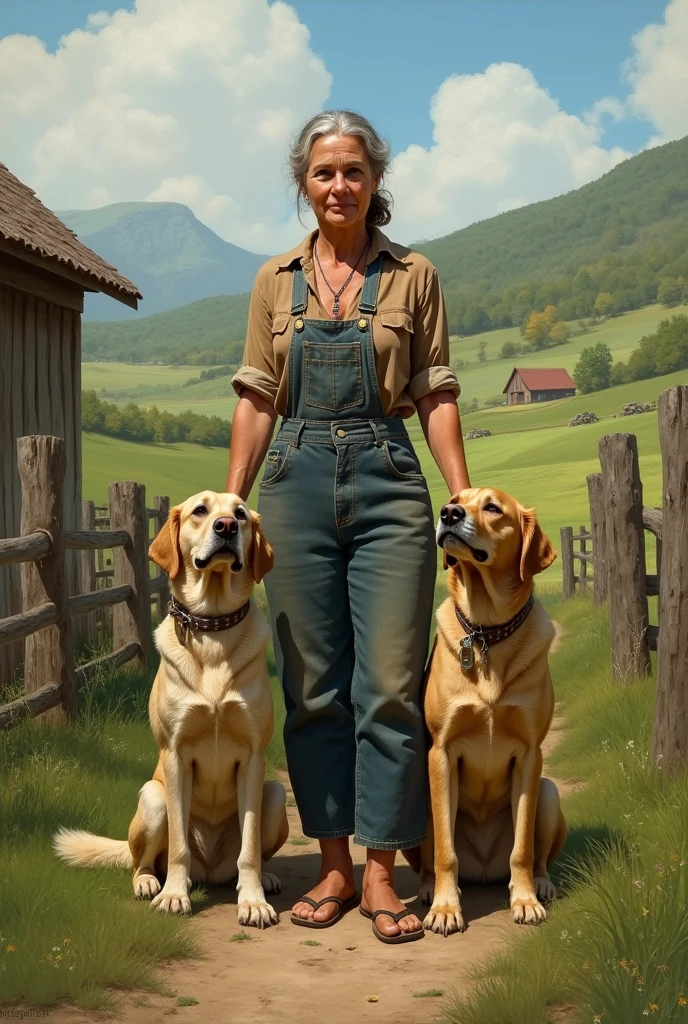 Woman on farm with two dogs by her side