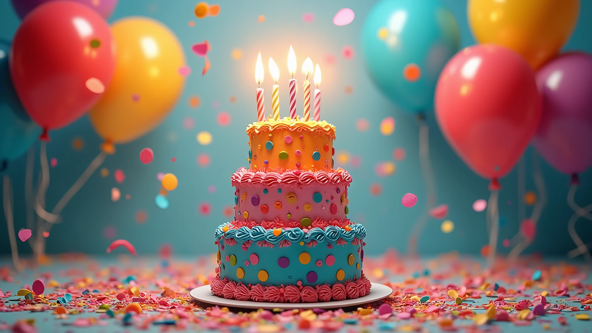 : A colorful birthday cake with lit candles surrounded by confetti and balloons, captured in a vibrant, joyful atmosphere. 8k