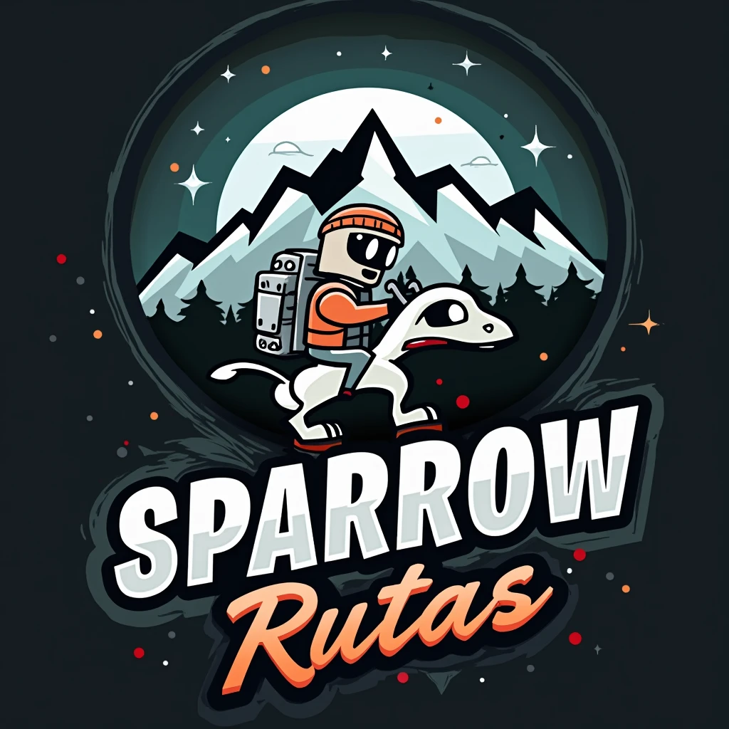 a circular logo , with white border, dark background, With the name "SPARROW RUTAS" in motorutes style , mountain and roblox, logo con borde blanco