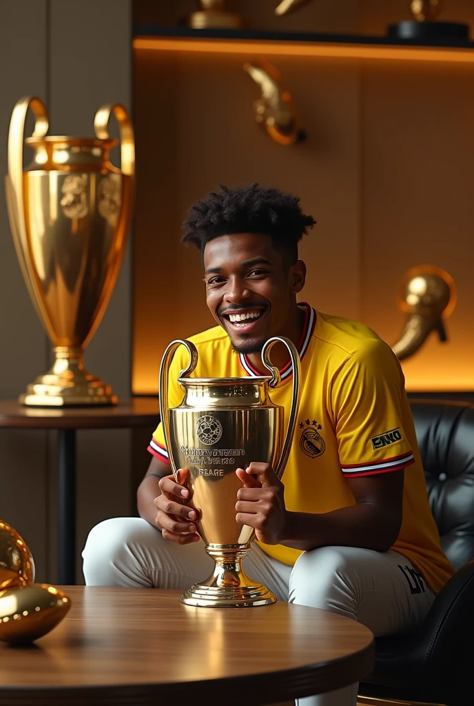 vinicius junior sitting hugging the champions league trophy with a golden ball on the table and a golden boot on the shelf with several trophies
