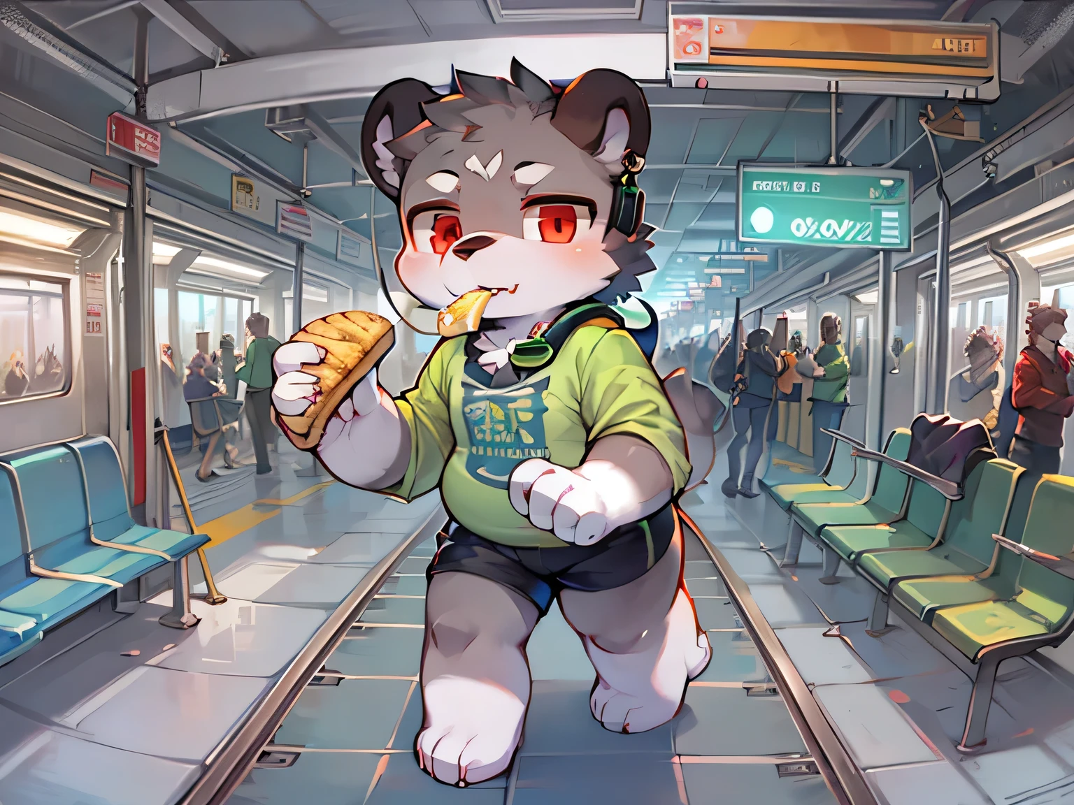 boy,bear boy,solo,walk in railway,wave,grey fur,green shirt,eat bread with honey,earphone,watch viewer,red eyes,train,station,fat