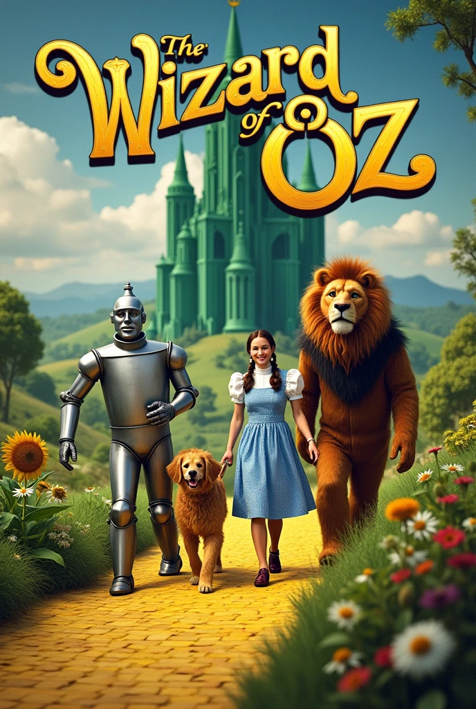 A cover just like the one in the movie "the wizard of oz" from 1939, put in the photo, a tin man, a scarecrow, a dorothy, a man with a lion's face and a dog, just like in the movie. Above the image, place the title in the same font as the original cover. " The controllers", the image needs to be as realistic as possible but with old characteristics, as if it were taken in 1939 but in color