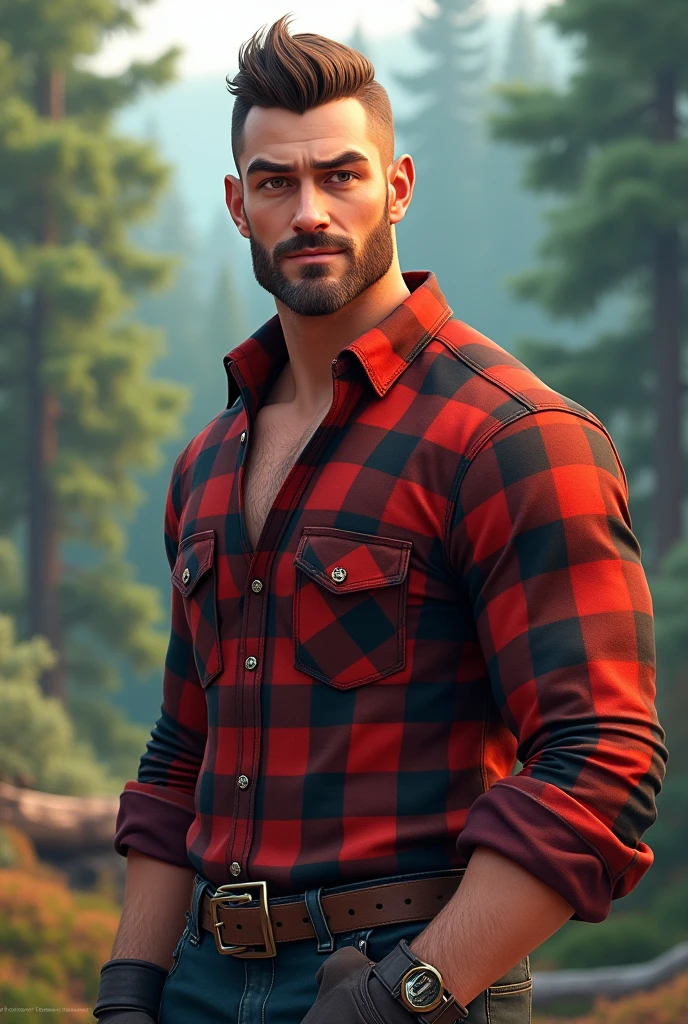 Lumberjack man with closed plaid shirt, beautiful on the chest short beard and shaved hair, athletic young anime