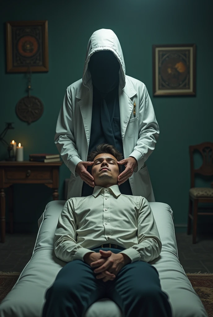 An anonymous doctor who doesn't wear a lab coat and is about 3, putting his hands on the head of a young man with his eyes closed, This young man is lying on a stretcher or piece of furniture, The doctor is behind the boy. They are like in an office or doctor's office.
They are not Asians.
Do it as if it were for the story of a fantasy book.
Maintain the boy's image and appearance, but it changes the appearance of the person behind, It has to be human that. You can't see his face because the full image doesn't show it, change your clothes, semiformal.