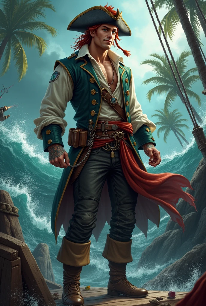 ((best quality:1.3)), ((masterpiece:1.3)), ((detailed background:1.3)), ((detailed face:1.3)), (Highly detailed face:1.2), (1 person, Handsome muscular young American man:1.2), (A happy smile: 1.3), (Natural look:1.3), (A lively smile:1.3),Turquoise Eyes, Copper-colored hair, Straight hair, (Overall view of a pirate ship:1.3), skin, Character Focus, Portraiture, View your viewers, alone, Upper Body, Detailed Background, sinister smile, Those who cannot, Rich pirate captain costume, Tattoo, Dark Fantasy Theme, (((Detailed Pirate Ship:1.3))), wooden deck of a ship, cannon, gunpowder, Flintlock pistol type, flying debris, pirate battle, Maelstrom, Dark Storm, it's raining, Tropical Beach, pirate hideout, dock, camp, Palm tree, sand, peaceful, sun, Loot, azimuth magnetic needle, treasure,Photon Mapping,High Contrast,Glitter