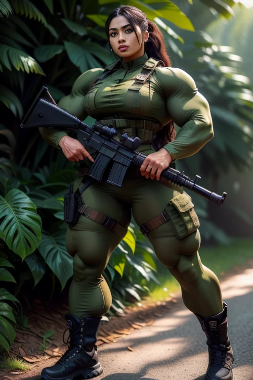 Photorealistic, high resolution, 1 malay woman wearing a green beret, Solo, Hips up, Battlefield background,view the viewer, (Detailed face), braided hair, wearing a green beret and a special team logo, SWAT vests, airborne logo on the chest, sniper rifle handle, camouflage combat suit, Camoflage military uniform, SWAT Boots, bulletproof vest, Holding an assault rifle, M16, Inside the jungle of Royal Belum, Very detailed, Perfect face, Black eye, jewelry, (full body view), Lifelike, masterpiece, HDR, 4K