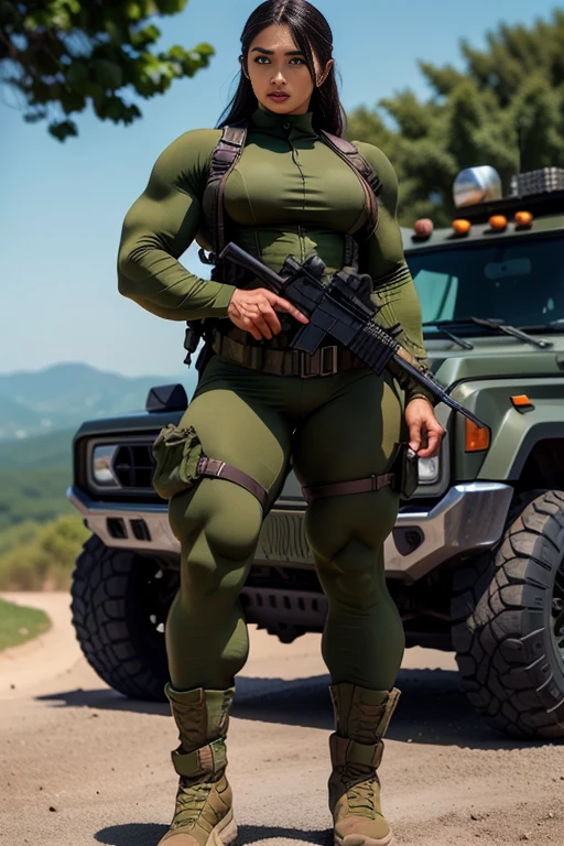 Photorealistic, high resolution, 1 malay woman wearing a green beret, Solo, Hips up, Battlefield background,view the viewer, (Detailed face), braided hair, wearing a green beret and a special team logo, SWAT vests, airborne logo on the chest, sniper rifle handle, camouflage combat suit, Camoflage military uniform, SWAT Boots, bulletproof vest, Holding an assault rifle, M16, Inside the jungle of Royal Belum, Very detailed, Perfect face, Black eye, jewelry, (full body view), Lifelike, masterpiece, HDR, 4K, veins everywhere, full veined body