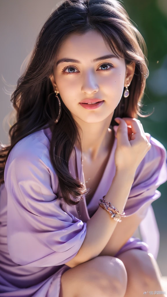 (realistic,photorealistic,photo-realistic:1.37),highly detailed, purple silk sphagetti ankle length dress,gorgeous women,beautiful detailed eyes,beautiful detailed lips,beautiful smile,realism style,dynamic pose,full body,8k quality,depth field,wavy long black hair,professional portrait lighting,vivid colors,ultra-sharp focus,soft natural lighting,sophisticated expression,breathtaking composition,subtle background,highres