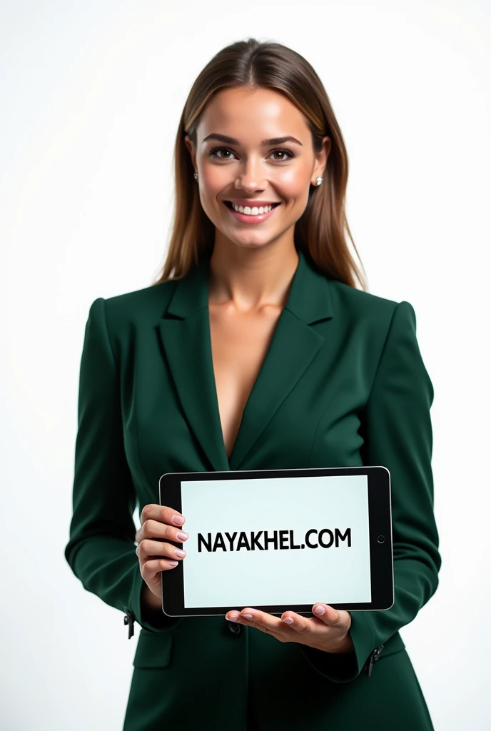 A Beautiful russian girl in dark green suit, smiling face, holding a ipad, having a text written on tablet screen " NAYAKHEL.COM " in capital, showing to viewer, in white background