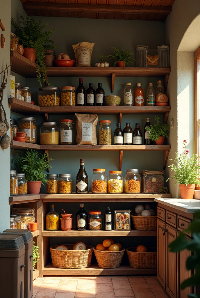 :well stocked house, with shelves full of food and olive oil.


