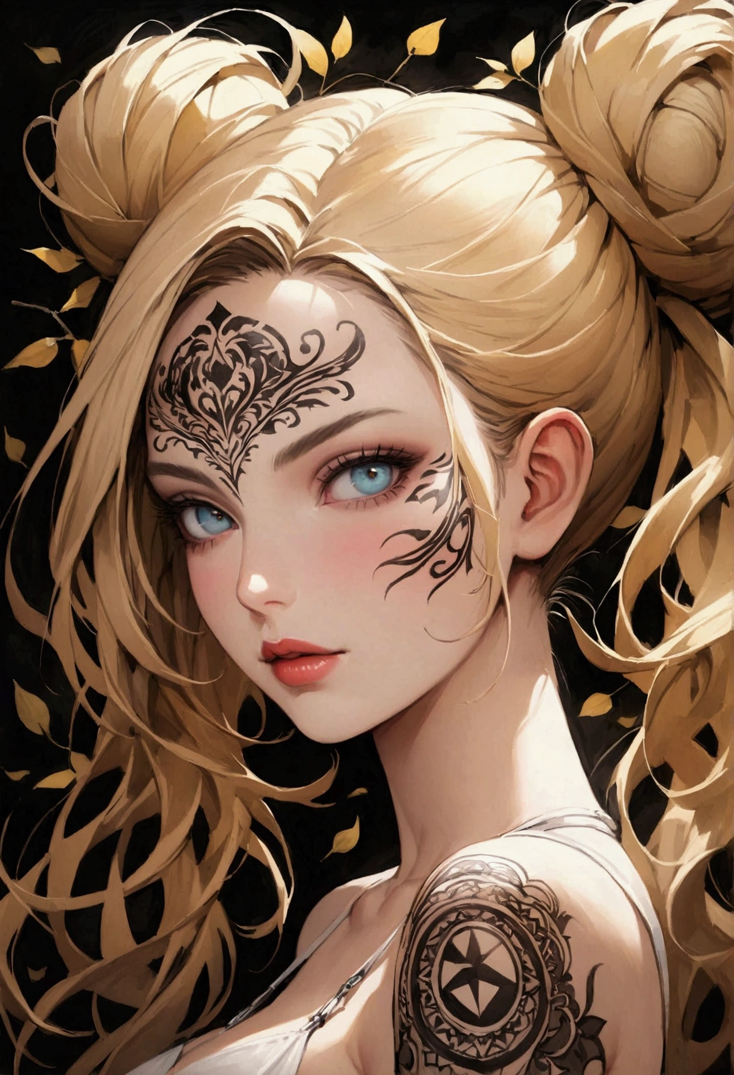 A highly detailed, hyper-realistic portrait painting of a young woman sexy decote Sensual gig titis semi nua with vibrant withe hair styled in an elaborate high bun and two long braided pigtails. The blonde hair  features intricate insetos moscas baratas escaravelho with various insetos including moscas batatas insetos and a prominent dragons with 'UNS' written in white bold letters. The woman's face is starsvered in elaborate tattoos with intricate designs including swirls, leaves, geometric pat
