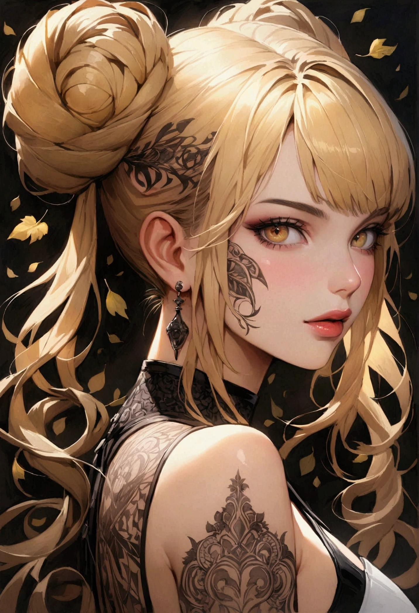 A highly detailed, hyper-realistic portrait painting of a young woman sexy decote Sensual gig titis semi nua with vibrant withe hair styled in an elaborate high bun and two long braided pigtails. The blonde hair features intricate insetos moscas baratas escaravelho with various insetos including moscas batatas insetos and a prominent dragons with 'UNS' written in white bold letters. The woman's face is starsvered in elaborate tattoos with intricate designs including swirls, leaves, geometric pat