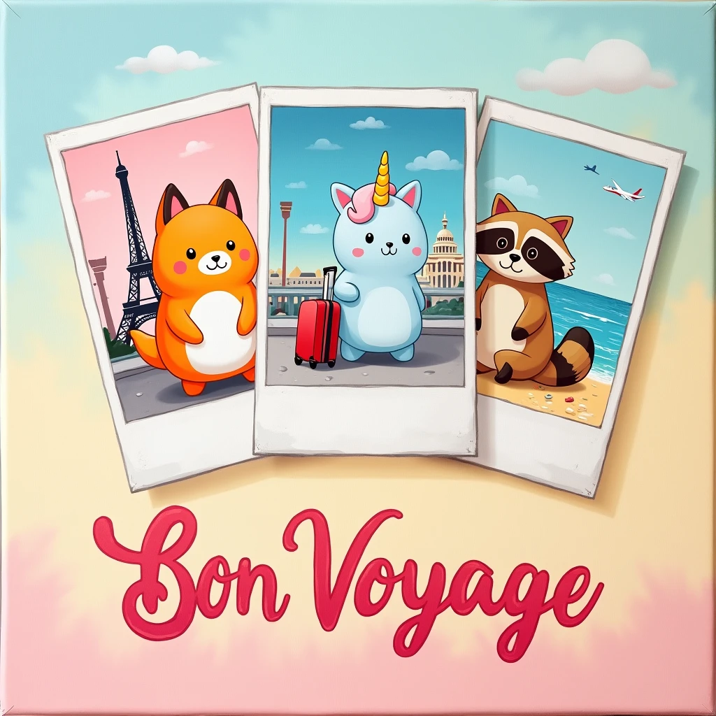 "Create a realistic oil painting style illustration, with good layout and design features. A imagem deve ser ((glad)), with good contrast, fine and delicate strokes, cute and fun, intended for the public . The illustration features three polaroid-style photos, each showing a Squishmallows in different situations during a trip. Squishmallows look like teddy bears: in the first photo, um Squishmallows raposa laranja glad tirando uma foto em frente a um famoso ponto turístico como pariz; In the second photo, a blue unicorn Squishmallows with big round eyes carrying a suitcase at an airport ; and in the third photo, a Squishmallows raccoon in a scout outfit map in hand and backpack on his back, glad usando óculos de sol enquanto relaxa em uma praia tropical. The photos are random, portraying different places and travel situations. The art, Em geral, presents a distribution that resembles shirt prints, avoiding a rectangular shape. Below this scene, there is text that says 'Bon Voyage' in a stylized font that suggests a vibe of adventure and exploration. The font color transitions from pink at the top to yellow at the bottom, imitating a sunset. This image evokes nostalgia for travel and adventure, symbolizing freedom and leisure."