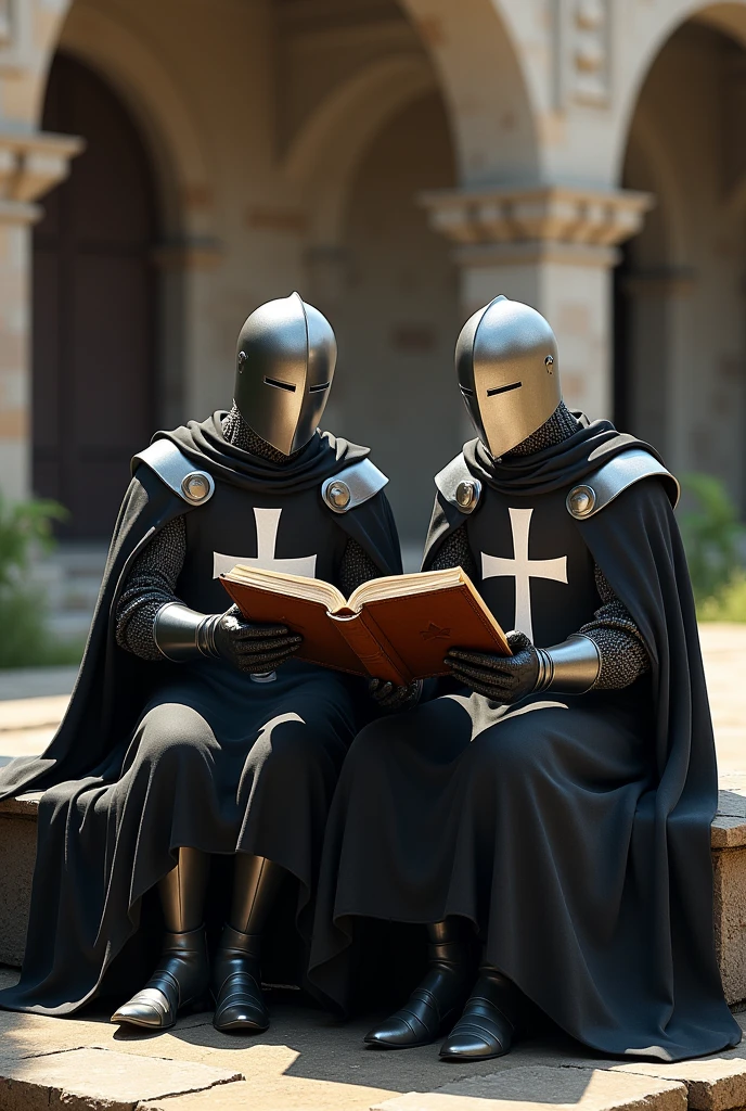 ultra realistic picture of two templar knights in full armor, black robes with white cross, closed templar helmets, reading a holy script while sitting on a stone bench, monastery in the background