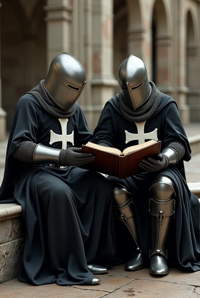 ultra realistic picture of two templar knights in full armor, black robes with white cross, closed templar helmets, reading a holy script while sitting on a stone bench, monastery in the background