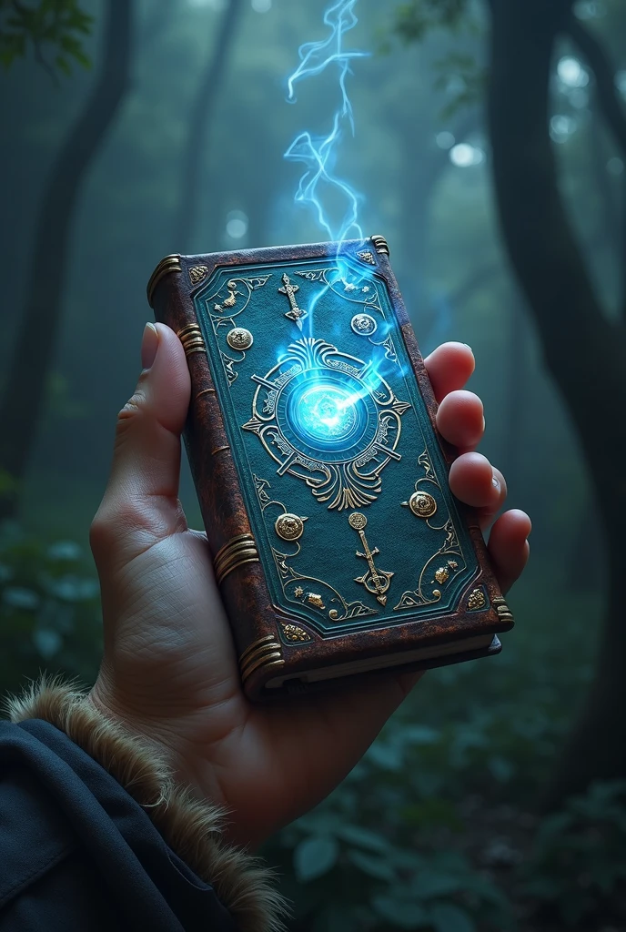 a phone giving an old grimoire style, magical, fantasy, luminous