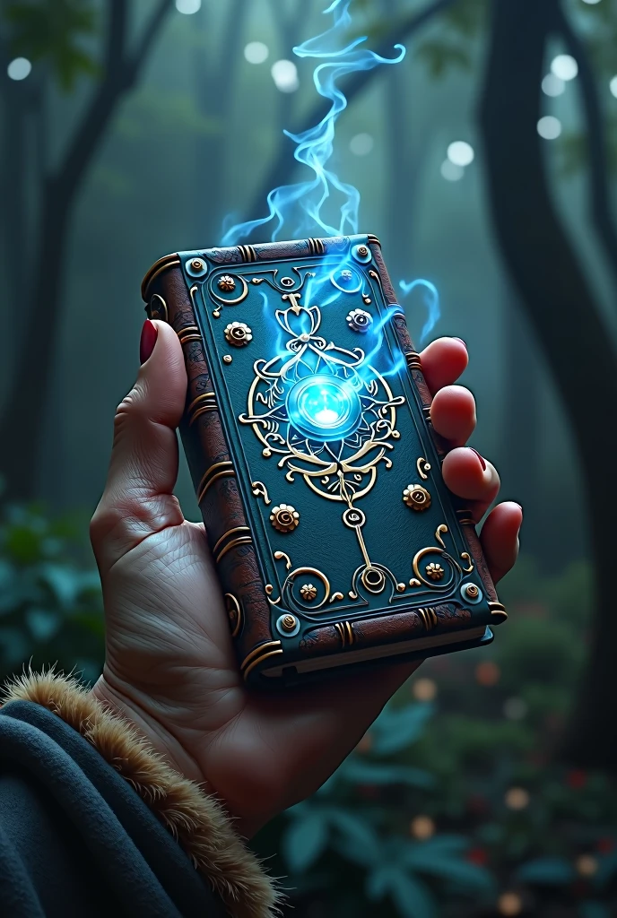 a phone giving an old grimoire style, magical, fantasy, luminous