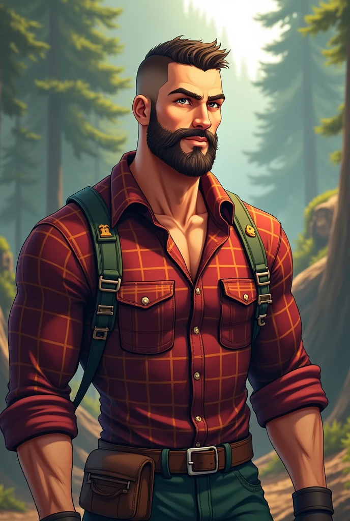 Lumberjack man with closed plaid shirt, beautiful on the chest short beard and shaved hair, athletic young anime