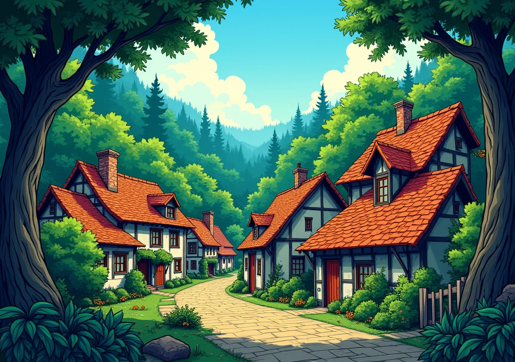 a village and a forest blocking the blue sky, comic book style, the scene contains vibrant and quite striking colors.