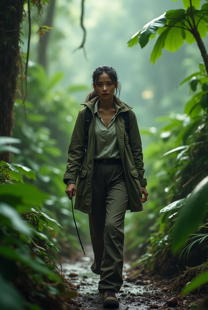Photorealism 1.4 realistic realism high detailed definition  Malay adult women jungle  trekking  wearing adventure attire wet ground after rain long trousers wearing  windbreaker