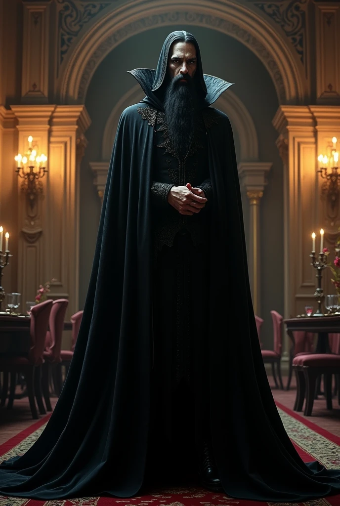 venerable regal black bearded pale skinned vampire lord in long black cape in a candlelit gothic dining room