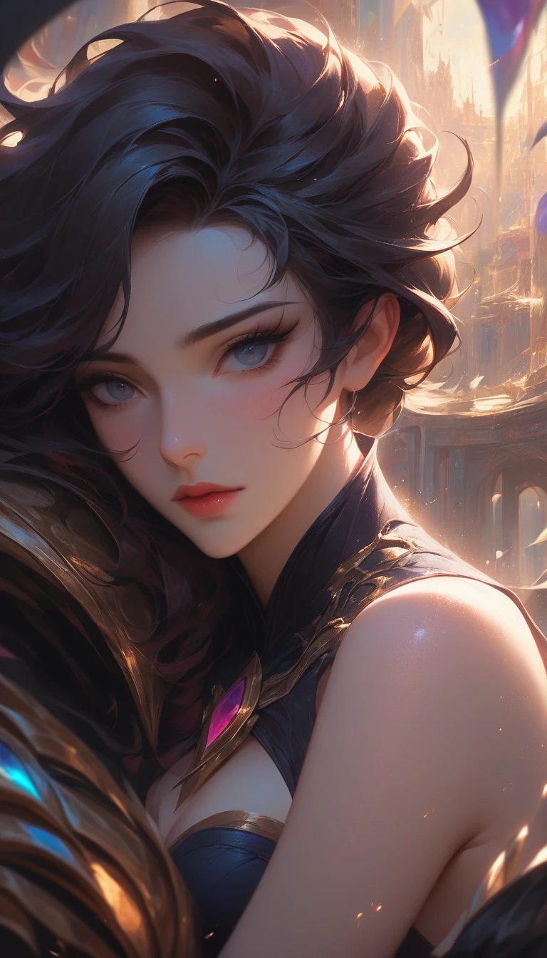 Computer graphics hand-painted in thick painting style, original god, collapse, exquisite facial features, beautiful girl, short skirt, face lighting, facing the camera, close-up standing position, Octane visualization, ray tracing, depth of field, super detail, King of Glory, League of Legends, fantasy world, breathtaking scenery, Exquisite facial features, Japanese anime movies, particles, rich details, masterpieces, best quality, super detailed OC visualization, 8K image quality