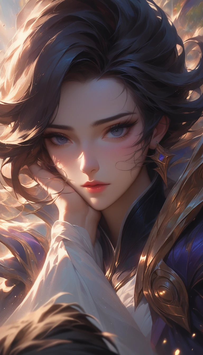 Computer graphics hand-painted in thick painting style, original god, collapse, exquisite facial features, beautiful girl, short skirt, face lighting, facing the camera, close-up standing position, Octane visualization, ray tracing, depth of field, super detail, King of Glory, League of Legends, fantasy world, breathtaking scenery, Exquisite facial features, Japanese anime movies, particles, rich details, masterpieces, best quality, super detailed OC visualization, 8K image quality


