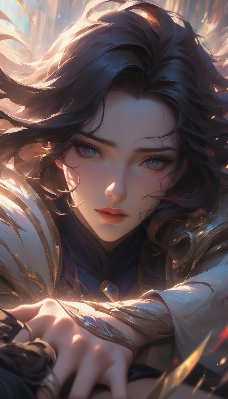 Computer graphics hand-painted in thick painting style, original god, collapse, exquisite facial features, beautiful girl, short skirt, face lighting, facing the camera, close-up standing position, Octane visualization, ray tracing, depth of field, super detail, King of Glory, League of Legends, fantasy world, breathtaking scenery, Exquisite facial features, Japanese anime movies, particles, rich details, masterpieces, best quality, super detailed OC visualization, 8K image quality

