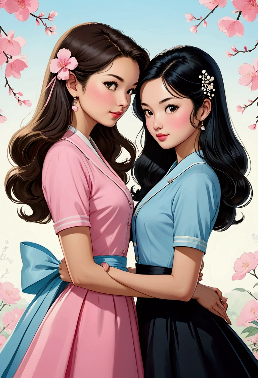 Two beautiful Sarah Kay style women very much in love, in a tender attitude towards each other, one British, with semi-long light brown hair dressed in light blue and the other Asian, with very long black hair, dressed in pink, both dressed in an elegant 50's style.