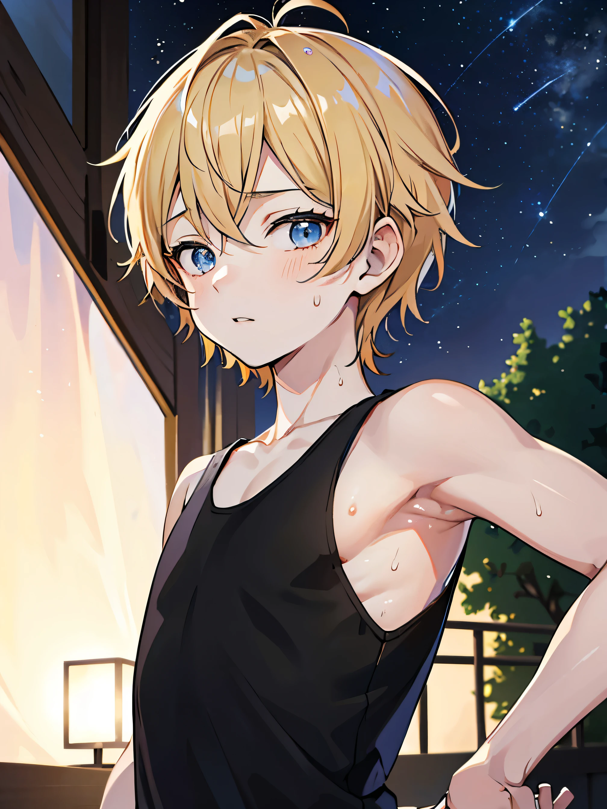 Highres, Masterpiece, Best quality at best,Best Quality,hight quality, hight detailed, Anime style, 2boy, ager, cuddle, pretty face, Shota, young boy, t, 15-years-old, handsome, gay, yaoi, Tank top, (Showing armpit:1.3), (very young boy), (very small and short body), simple beckground, cute boy, Uhd, bokeh, sweat