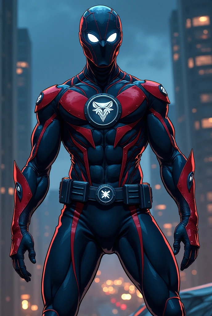 In comic book style, Nightwatcher to nastoletni superbohater o niezwykle intrygującym wyglądzie. His costume is made of flexible spandex and nanomaterials., which gives it both flexibility, as well as protection. The dominant colors in the outfit are dark gray., czerwony i granatowy, which create a strong contrast and give it a menacing look, but dynamic character. 
Nosi zaawansowany technologicznie hełm o aerodynamicznym kształcie. Its surface has integrated white bionic sharp owl-style eyes. 
There is a unique emblem on the chest, which is inspired by four animals: węgorzem, a spider, snow leopard and owl.  His hands, łokcie, the shoulders and waist are decorated with round emblems.  The whole costume has an eel-style pattern, snow leopard and spider. He stands in a dynamic pose on the roof of a building at night..
