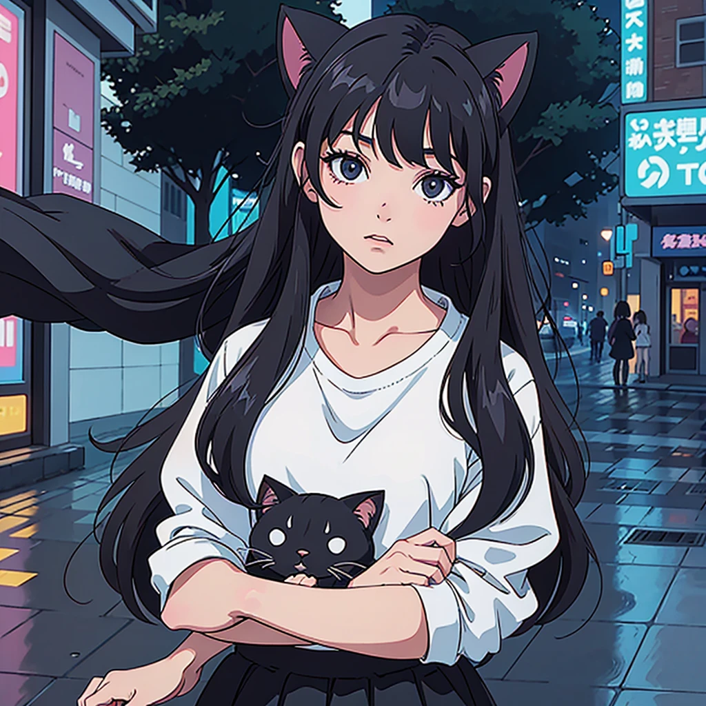 cat girl, with cat ears, short black hair, with rain and relaxing, listening to music, com roupa preta, in a city chuvosa, with black clothes and darker colors, with black clothes and darker colors, with black clothes and darker colors, darker colors in the drawing. in a city, in a city,  , looking forward, with cute doting eyes, a quiet place, with plenty of detail in the city in the background, 8 0 s anime vibe, 90s anime aesthetics, 90s anime style, 90's anime style, 90s anime art style, lofi girl, 80s anime art style, 80s Anime Style, 1980's anime style