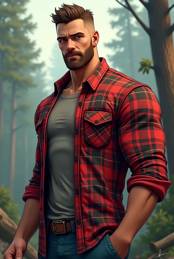 Lumberjack man with closed plaid shirt, beautiful on the chest short beard and shaved hair, athletic young anime