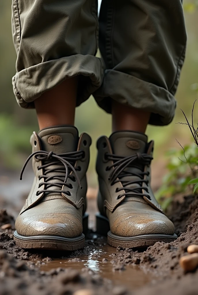 The model wearing muddy abd shoes