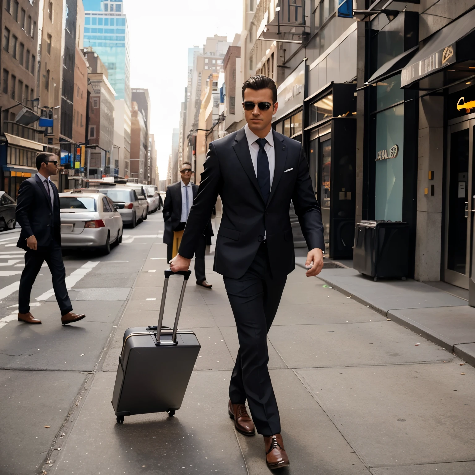 Image of man model walking in a side view carries a travel briefcase, He wears a suit and sunglasses, The man is in New York City in the afternoon.
