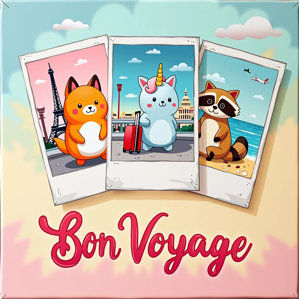 "Create a realistic oil painting style illustration, with good layout and design features. A imagem deve ser ((glad)), with good contrast, fine and delicate strokes, cute and fun, intended for the public . The illustration features three polaroid-style photos, each showing a Squishmallows in different situations during a trip. Squishmallows look like teddy bears: in the first photo, um Squishmallows raposa laranja glad tirando uma foto em frente a um famoso ponto turístico como pariz; In the second photo, a blue unicorn Squishmallows with big round eyes carrying a suitcase at an airport ; and in the third photo, a Squishmallows raccoon in a scout outfit map in hand and backpack on his back, glad usando óculos de sol enquanto relaxa em uma praia tropical. The photos are random, portraying different places and travel situations. The art, Em geral, presents a distribution that resembles shirt prints, avoiding a rectangular shape. Below this scene, there is text that says 'Bon Voyage' in a stylized font that suggests a vibe of adventure and exploration. The font color transitions from pink at the top to yellow at the bottom, imitating a sunset. This image evokes nostalgia for travel and adventure, symbolizing freedom and leisure."
