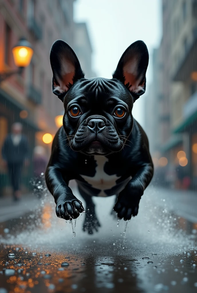 a black french bulldog running in the rain


