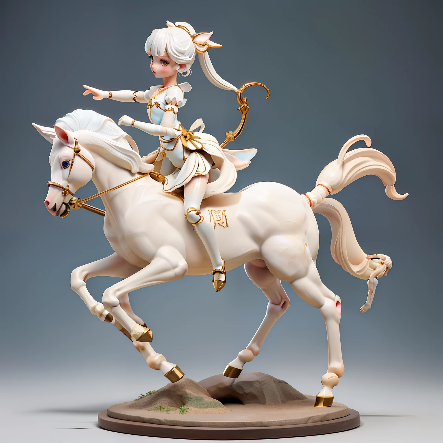 (Sagittarius Porcelain Doll)、(Girl Centaur Statue)、(The upper half of her body is a beautiful human girl, and the lower half is a beautiful white-furred pony.:1.2)、(A beautiful girl's body is attached to the body of a beautiful white horse.)、(Full body portrait)、Weaving beautiful flowers to make a flower crown、Fantastic and dreamy, Dream Style, bucolic、Fairytale、Blank Background、3d、