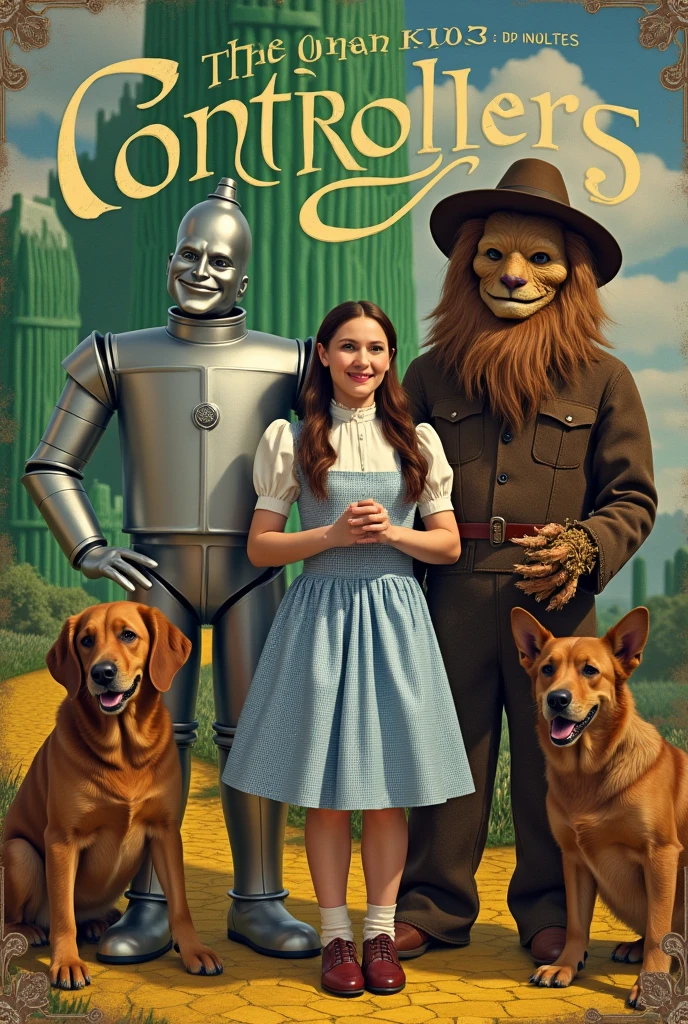 A cover just like the one in the movie "the wizard of oz" from 1939, and in place of the title put "The controllers", put in the photo, a tin man, a scarecrow, a dorothy, a man with a lion's face and a dog, just like in the movie
, the image needs to be as realistic as possible but with old characteristics, as if it were taken in 1939 but in color