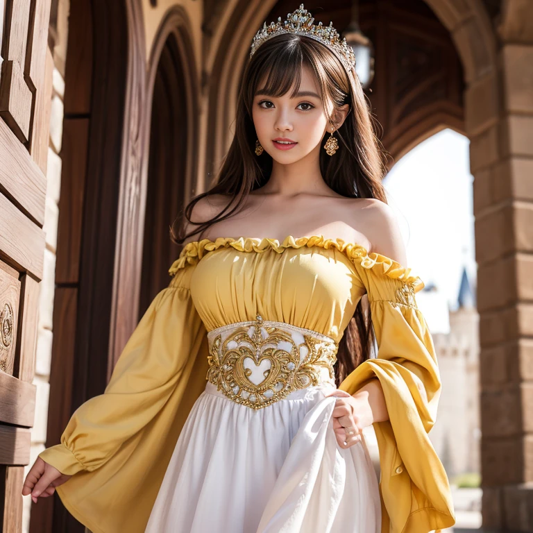laughing out loud,1 female, 2,(Yellow princess dress in beauty and the beast),Outside the castle,Large skirt,Big hem,light brown hair, blunt bangs, hair behind ears, Shoulder length hair, long hair, Slender body type, 超face slimming型, face slimming, delicate lips, beautiful eyes, Thin blush, Eyes are light brown,Check it out here, (actual:1.3), One person's perspective, 8k, Super detailed, high quality, best quality, High resolution,knee shot,My breasts look big in my clothes