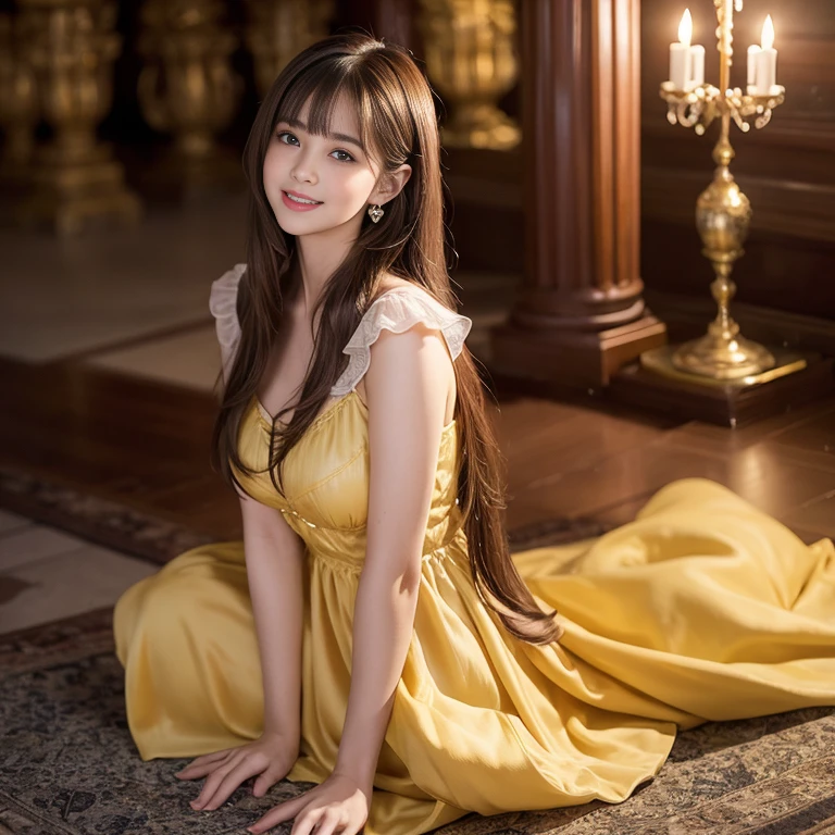 laughing out loud，1 female, 2，（Yellow princess dress in beauty and the beast），Outside the castle，Large skirt，Big hem，light brown hair, blunt bangs, hair behind ears, Shoulder length hair, long hair, Slender body type, 超face slimming型, face slimming, delicate lips, beautiful eyes, Thin blush, Eyes are light brown,Check it out here, (actual:1.3), One person's perspective, 8k, Super detailed, high quality, best quality, High resolution，knee shot，My breasts look big in my clothes