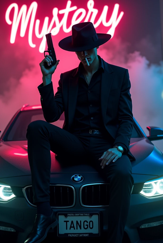 Create a realistic image where a 20 years old boy wearing black luxury suit and wearing a circular cap and hiding his face with cap and sitting on BMW car with number plate of tango, he's holding a gun in his hand, there is smoke in background and girls are dancing. In background the name "mystery" is showing in bold and neon effects just above the head of the character as per his name. He's smoking with his another hand and having gun in one hand